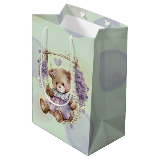 Bruin Teddy Bear zwaait lavender dress en Polka Medium Cadeauzakje (Achterkant Gekanteld)