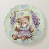Bruin Teddy Bear zwaait lavender dress en Polka Rond Kussen (Voorkant)