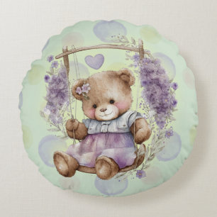 Bruin Teddy Bear zwaait lavender dress en Polka Rond Kussen