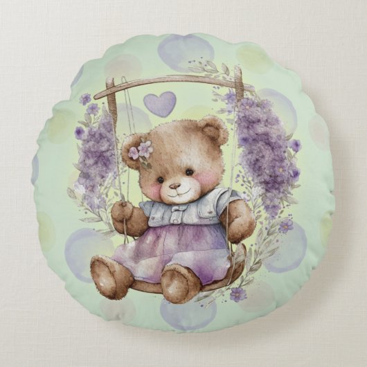 Bruin Teddy Bear zwaait lavender dress en Polka Rond Kussen (Voorkant)