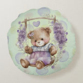 Bruin Teddy Bear zwaait lavender dress en Polka Rond Kussen (Achterkant)
