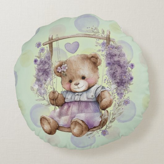 Bruin Teddy Bear zwaait lavender dress en Polka Rond Kussen (Achterkant)