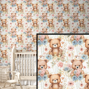 Bruin Teddy Beer Vrienden met Bloemen Behang
