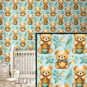 Bruin Teddybeer Vrienden met Groene Planten Behang