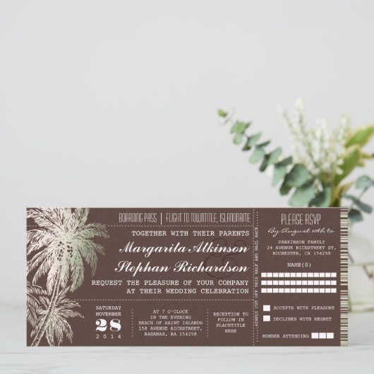 Bruin  ticket bestemming bruiloft uitnodiging (Staand voorkant)