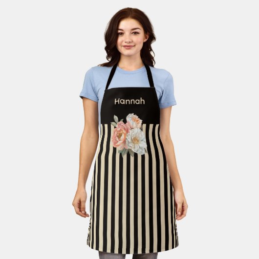 Bruin Top met Beige Stripes Bloemen Schort (Gedragen)