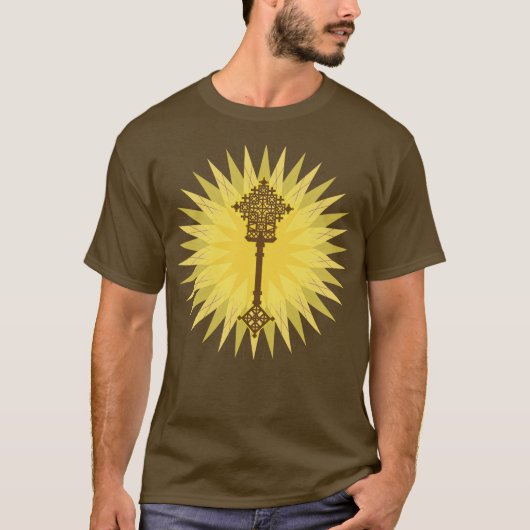 Bruin Traditioneel Ethiopisch Kruis Ontwerp T-shirt (Voorkant)