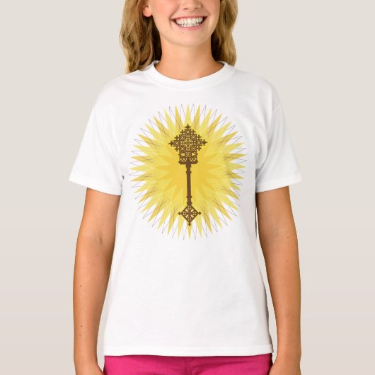 Bruin Traditioneel Ethiopisch Kruis Ontwerp T-shirt (Voorkant)