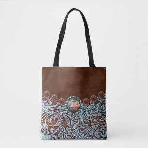 bruin turkooise western landschapsleer tote bag