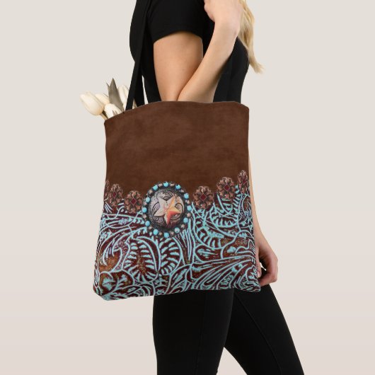 bruin turkooise western landschapsleer tote bag (Dichtbij)