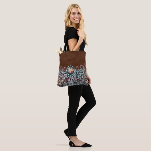 bruin turkooise western landschapsleer tote bag (Op model)
