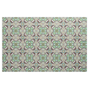 Bruin Turquoise Blue Retro Nouveau Deco Pattern Stof