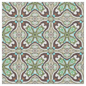 Bruin Turquoise Blue Retro Nouveau Deco Pattern Stof (Close Up)