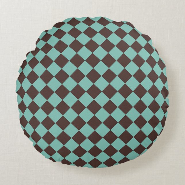 Bruin Turquoise Geruite Diamant Patroon Rond Kussen (Voorkant)