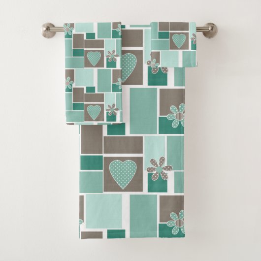 Bruin turquoise patchwork van vierkante lapjes  bad handdoek (Insitu)