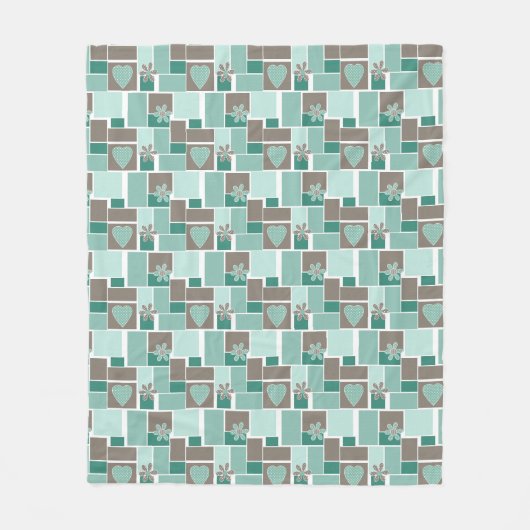 Bruin turquoise patchwork van vierkante lapjes fleece deken (Voorkant)
