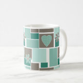 Bruin turquoise patchwork van vierkante lapjes koffiemok (Voorkant rechts)