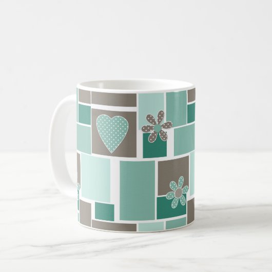 Bruin turquoise patchwork van vierkante lapjes koffiemok (Voorkant links)
