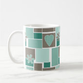 Bruin turquoise patchwork van vierkante lapjes koffiemok (Links)