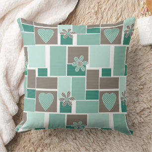 Bruin turquoise patchwork van vierkante lapjes kussen