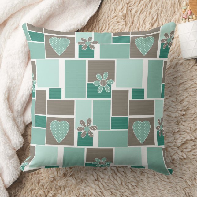 Bruin turquoise patchwork van vierkante lapjes kussen (Deken)