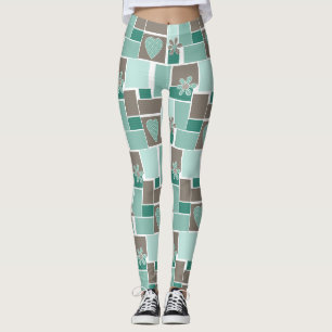 Bruin turquoise patchwork van vierkante lapjes leggings