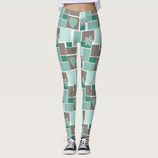 Bruin turquoise patchwork van vierkante lapjes leggings (Voorkant)
