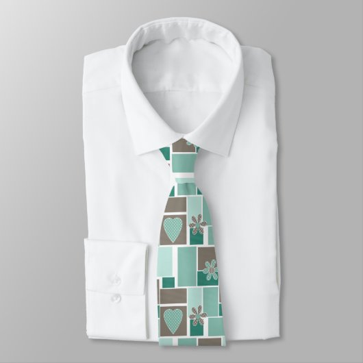 Bruin turquoise patchwork van vierkante lapjes stropdas (Gebonden)