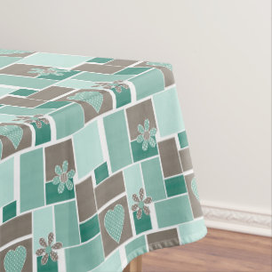 Bruin turquoise patchwork van vierkante lapjes tafelkleed