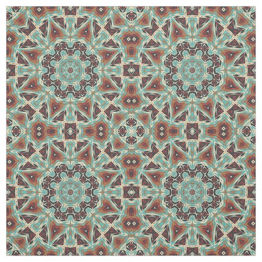 Bruin Turquoise Red Oranje Aztec Mosaic Pattern Stof (Swatch)