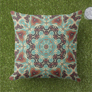 Bruin Turquoise Red Oranje Mandala Tribal Kunst Buitenkussen