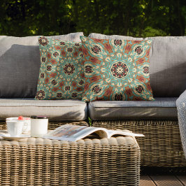 Bruin Turquoise Red Oranje Mandala Tribal Kunst Buitenkussen