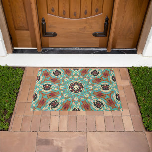 Bruin Turquoise Red Oranje Mandala Tribal Kunst Deurmat