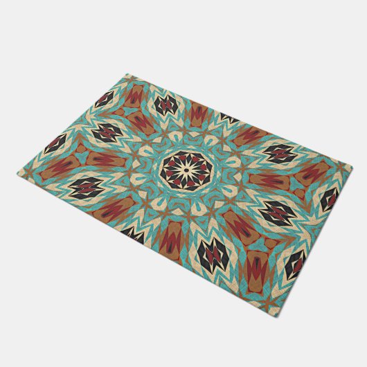 Bruin Turquoise Red Oranje Mandala Tribal Kunst Deurmat (Schuin)