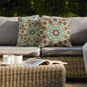 Bruin Turquoise Rood Oranje Mandala Tribale Kunst Buitenkussen