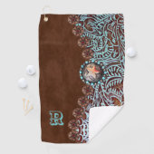 Bruin turquoise western landpatroon monogram golfhanddoek (Insitu)