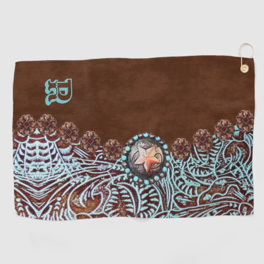 Bruin turquoise western landpatroon monogram golfhanddoek (Horizontaal)