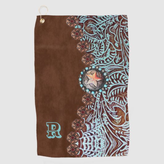 Bruin turquoise western landpatroon monogram golfhanddoek (Voorkant)