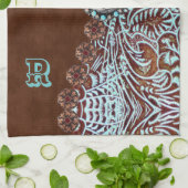 Bruin turquoise western landpatroon monogram theedoek (Gevouwen)