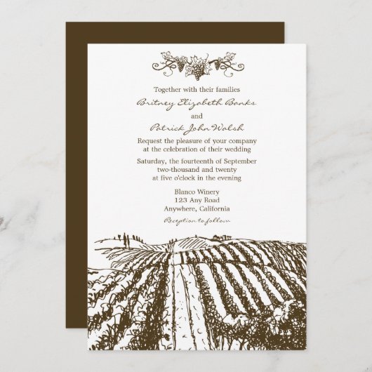 Bruin Tuscan Winery Vineyard Wedding Invitations Kaart (Voorkant / Achterkant)