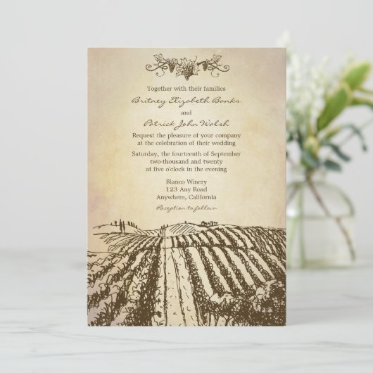 Bruin Tuscan Winery Vineyard Wedding Invitations Kaart (Staand voorkant)