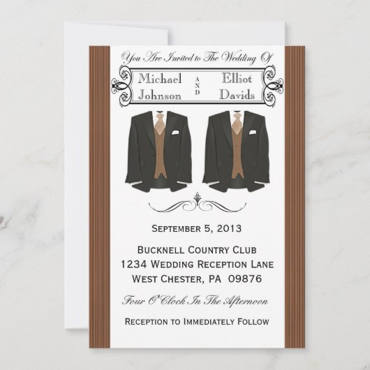 Bruin Tuxedo Gay Wedding Invitaties Kaart (Voorkant)