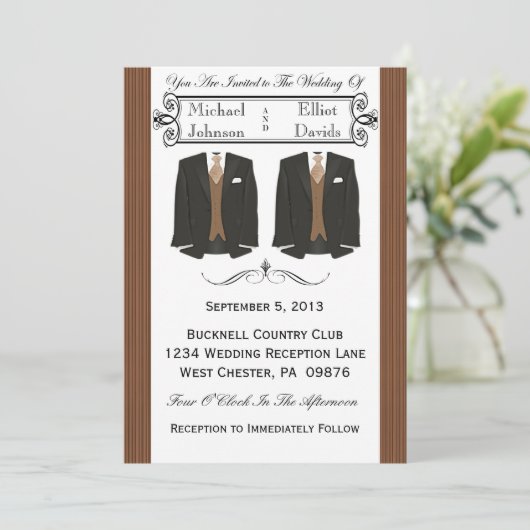 Bruin Tuxedo Gay Wedding Invitaties Kaart (Staand voorkant)