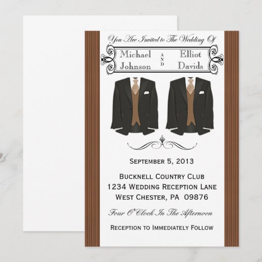 Bruin Tuxedo Gay Wedding Invitaties Kaart (Voorkant / Achterkant)