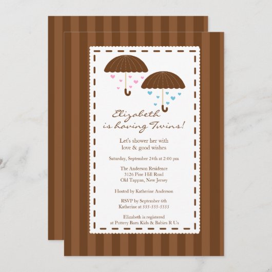 Bruin Umbrella Twins Baby shower Kaart (Voorkant / Achterkant)