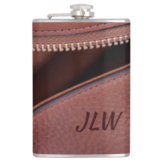 Bruin Unzipped Faux Leather Initialen Fotografisch Heupfles (Voorkant)