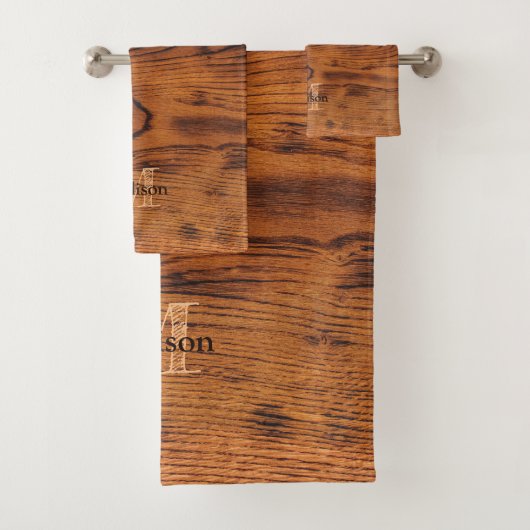  bruin verbrand hout Monogram Bad Handdoek (Insitu)