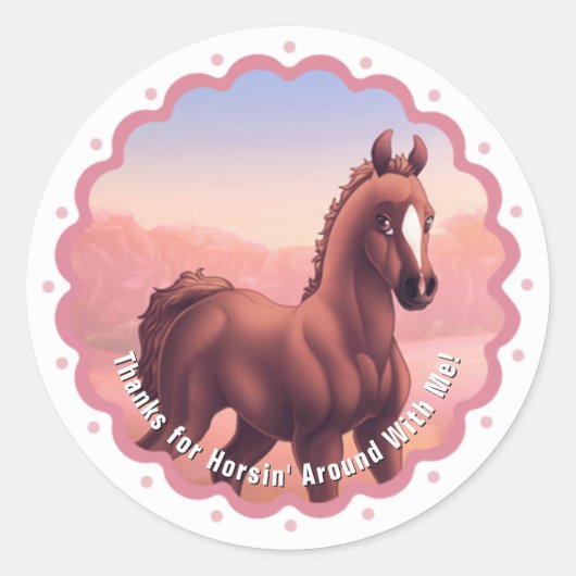 Bruin veulen verjaardagsfeestje dank u ronde sticker (Voorkant)