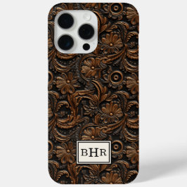 Bruin Vintage Leren Monogram Tasje iPhone 15 Pro Max Hoesje