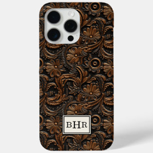 Bruin Vintage Leren Monogram Tasje iPhone 15 Pro Max Hoesje